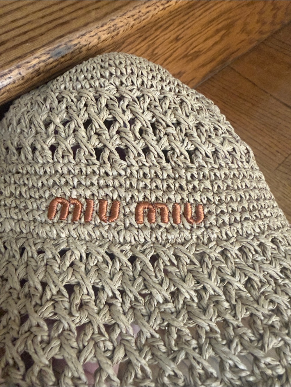 Miu Miu Tan Crochet Bucket Hat with Brown Logo - Picture 4 of 9